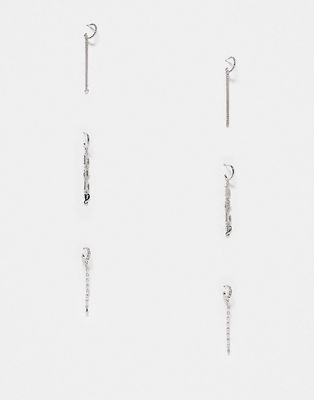 River Island 3 pack baby and chain drop hoop earrings in silver