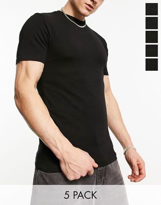 River Island 5 pack muscle fit t-shirts in black