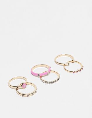 River Island 6 pack enamel and pave rings in pink and gold-Multi