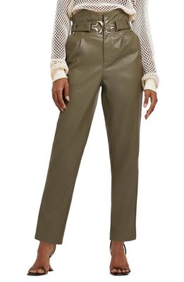 River Island '80s Belted Faux Leather Straight Leg Trousers in Khaki