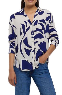 River Island Abstract Print Button-Up Top in Navy