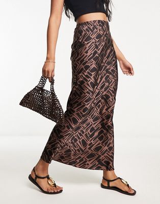 River Island abstract print satin slip skirt in brown