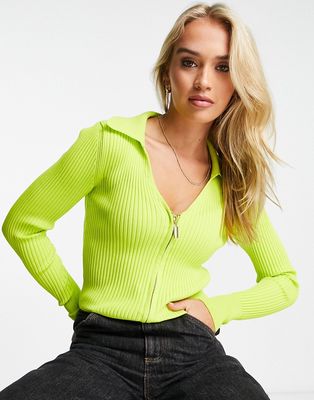 River Island abstract zip up polo sweater in lime-Green