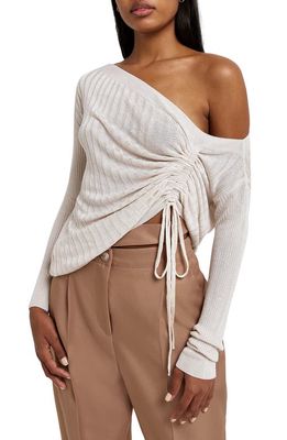 River Island Asymmetrical Off the Shoulder Ruched Side Tie Sweater in Cream