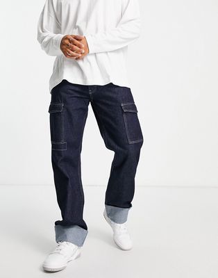 River Island baggy fit cargo pocket jeans in blue