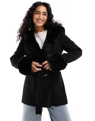 River Island belted faux fur short jacket in black