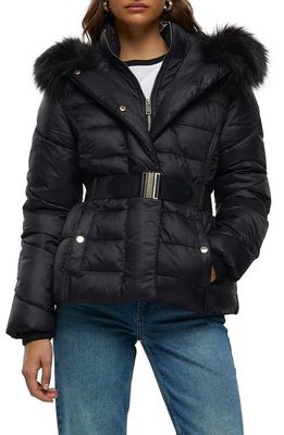 River Island Belted Faux Fur Trim Hooded Puffer Jacket in Black