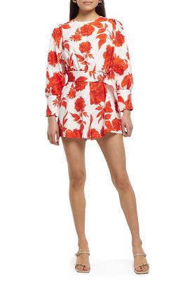 River Island Belted Floral Long Sleeve Romper in White/red