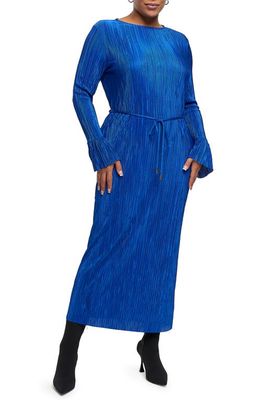 River Island Belted Long Sleeve Plissé Midi Dress in Blue