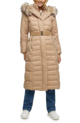 River Island Belted Longline Hooded Puffer Jacket with Removable Faux Fur Trim in Brown