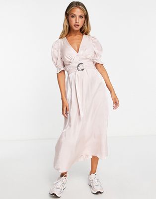 River Island belted midi dress with puff sleeves in light pink