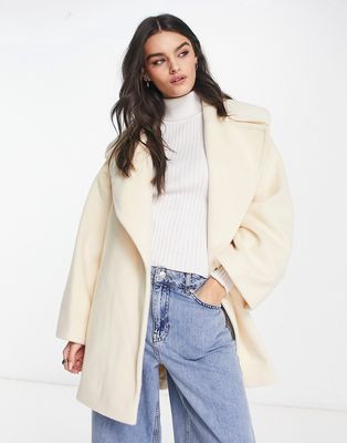 River Island belted short coat in cream-White