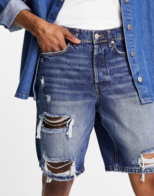 River Island bermuda extreme ripped shorts in blue