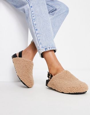 River Island borg backless shoes in beige-Neutral