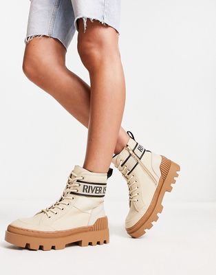 River Island branded canvas boots in beige-Neutral