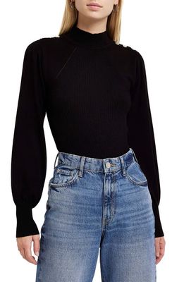 River Island Button Shoulder Puff Sleeve Sweater in Black