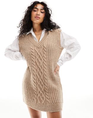 River Island cable knit hybrid shirt dress in beige-Neutral