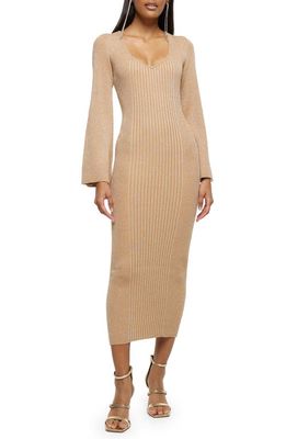 River Island Caitlin Long Sleeve Metallic Rib Midi Sweater Dress in Gold