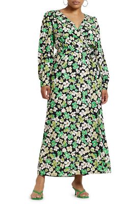 River Island Cara Floral Print Long Sleeve Cotton Wrap Dress in Green