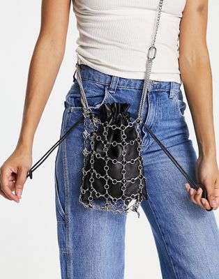 River Island chain cage pouch cross-body bag in black