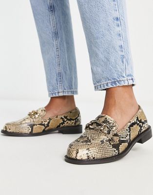 River Island chain detail snake print loafers in beige-Neutral