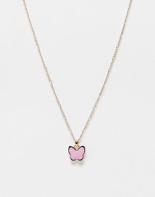 River Island chain necklace with pink butterfly shape pendant-Gold