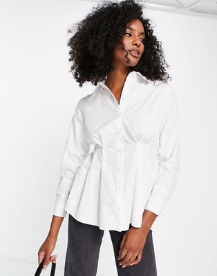 River Island cinched waist poplin shirt in white