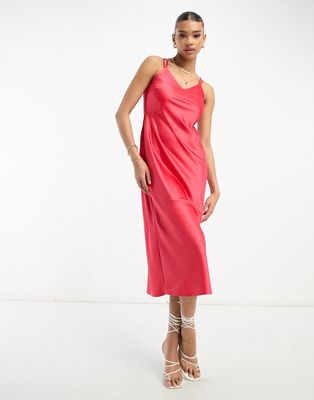 River Island cowl neck satin midi dress with cross back in red