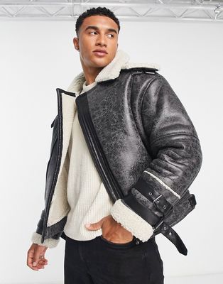 River Island crackle faux shearling aviator jacket in gray