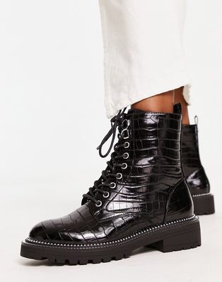 River Island croc effect lace up boot in black