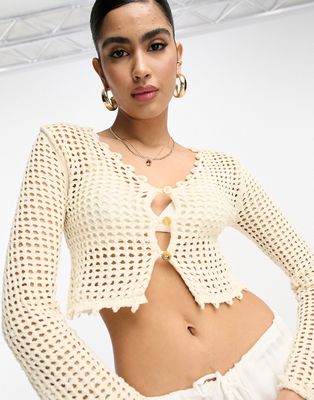 River Island crochet button crop knitted top in cream-White