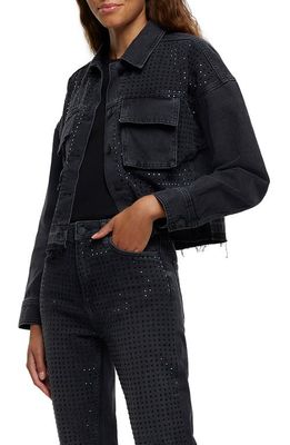 River Island Crystal Embellished Crop Denim Jacket in Black