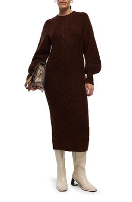 River Island Cup of Coco Cable Detail Long Sleeve Midi Sweater Dress in Brown