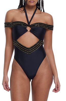 River Island Cutout Elastic Ring Bandeau One-Piece Swimsuit in Black