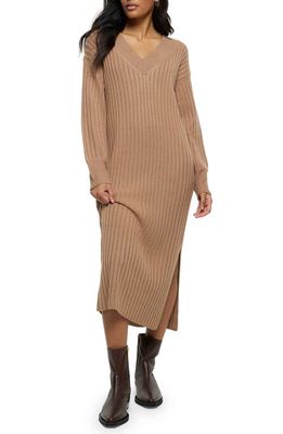 River Island Dawn Long Sleeve Rib Midi Sweater Dress in Brown