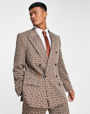 River Island double breasted geo suit jacket in brown