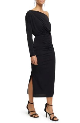 River Island Drape One-Shoulder Midi Dress in Black