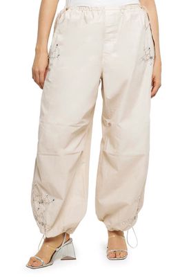 River Island Embellished Baggy Parachute Pants in Beige