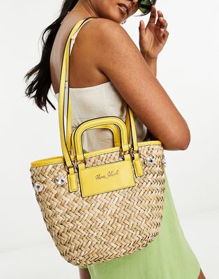 River Island embellished basket bag in yellow