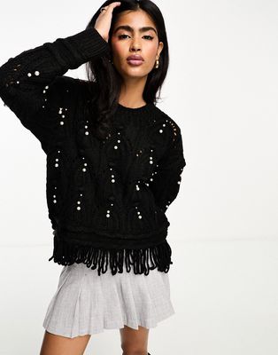 River Island embellished cable knit sweater in black