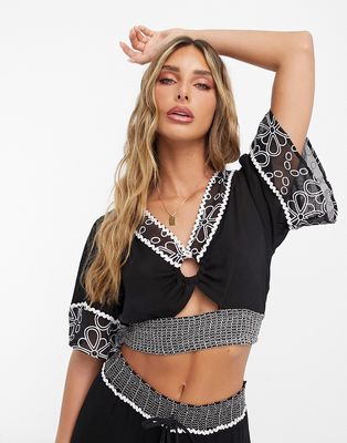 River Island embroidered ring detail crop top in black - part of a set