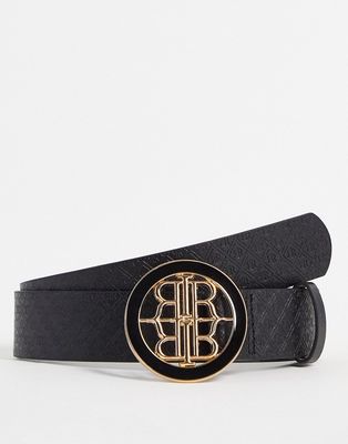 River Island enamel branded buckle belt in black