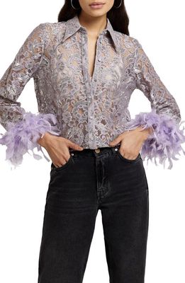 River Island Faux Feather Cuff Metallic Lace Button-Up Shirt in Silver/Purple