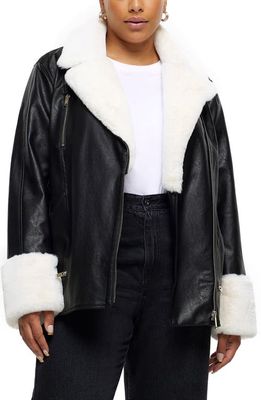 River Island Faux Fur & Faux Leather Biker Jacket in Black