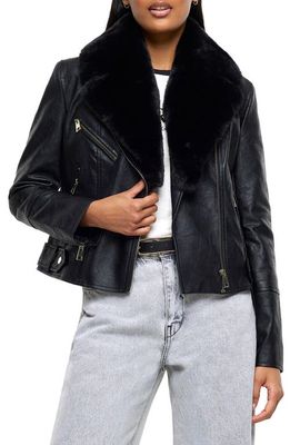 River Island Faux Leather Biker Jacket with Removable Faux Fur Trim in Black