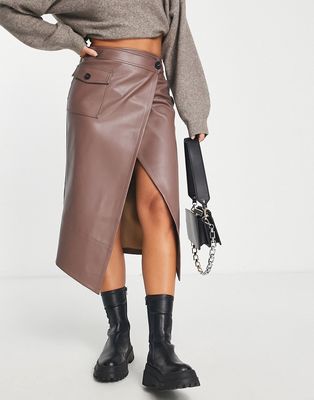 River Island faux leather wrap midi skirt in light brown-Neutral