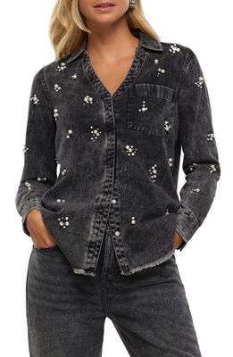 River Island Faux Pearl Embellished Denim Button-Up Shirt in Black