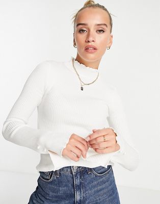 River Island flared frill sleeve ribbed sweater in white