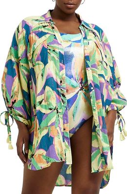 River Island Floral Cover-Up Button-Up Shirt in Purple