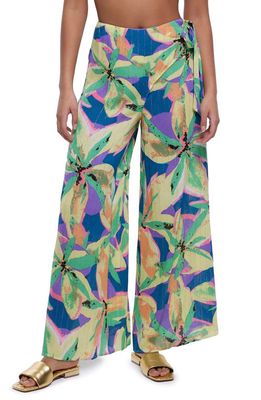 River Island Floral Metallic Thread Tie Front Palazzo Beach Trousers in Purple